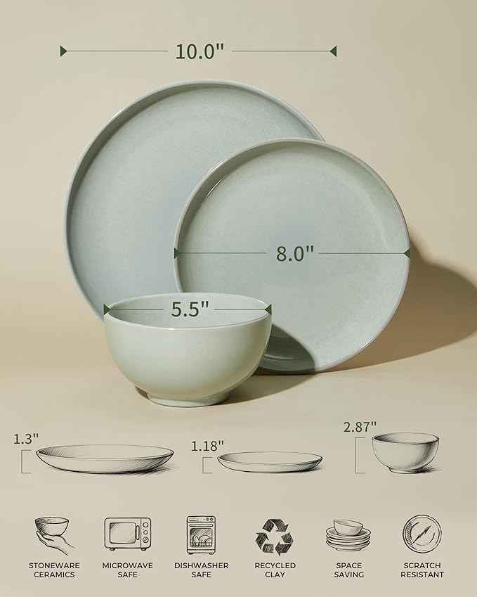 18 Piece Dinnerware Set for 6, Reactive Glaze Terracotta Plates and Bowls Set, Large Family-Sized Stoneware Dish Set for Gatherings, Chip and Scratch Resistant, Slate Green