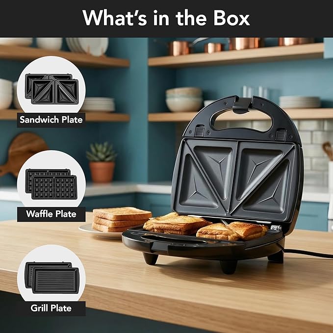 OVENTE Electric Sandwich, Panini and Waffle Maker Set with 3 Removable Non-Stick Plates, 750 Watts, Perfect for Grilled Cheese, Tuna Melts, Burgers, Steaks and Snacks, Black GPI202B