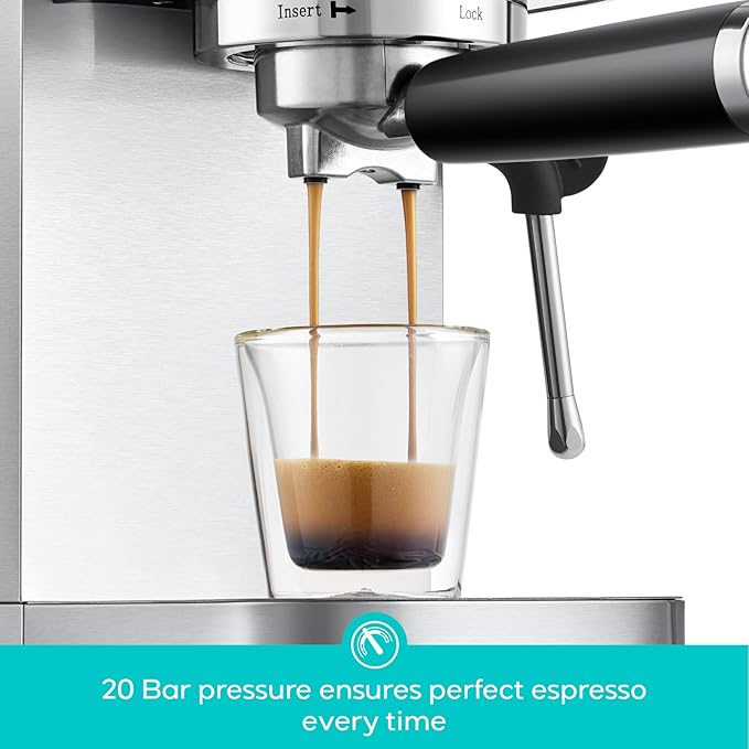 CASABREWS 3700 Essential Espresso Machine 20 Bar, Stainless Steel Cappuccino & Latte Coffee Maker with Steam Frother for Home, 43.9oz Water Tank, Silver