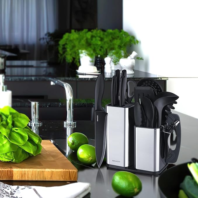 RAXCO Kitchen Utensils Set For Cooking-7 Cooking Utensils,5 Kitchen Utensils,6 Knife set,utensilios de cocina(18-in-1) (Black)