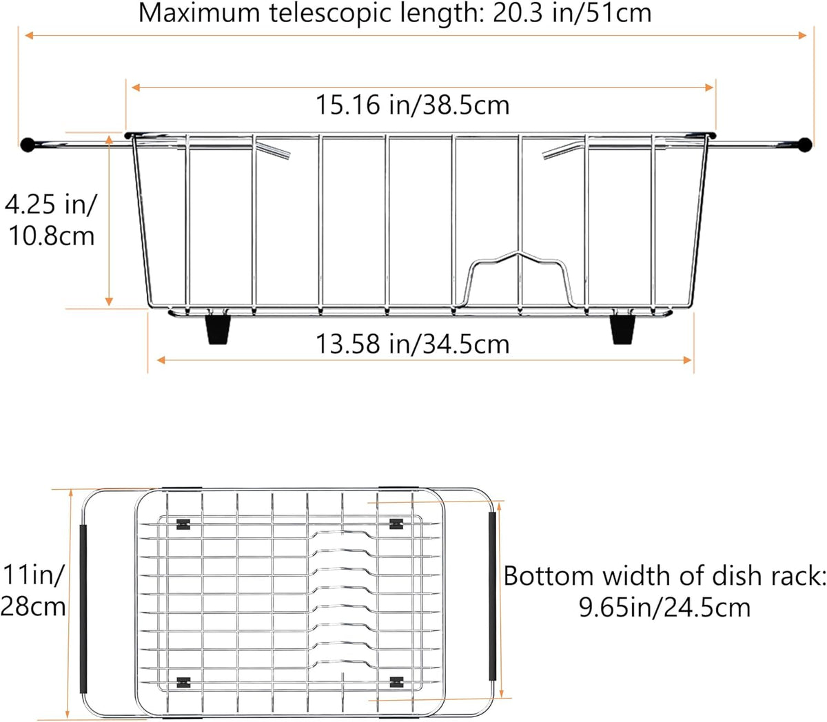 Stainless Steel Dish Drying Rack(15.2"L X 11"W X 5.3"H), Expandable Fruit & Vegetable Drain Rack over Sink, Dish Drainer Rack in Sink, with Stainless Steel Utensil Holder & Silicone Mat(16")