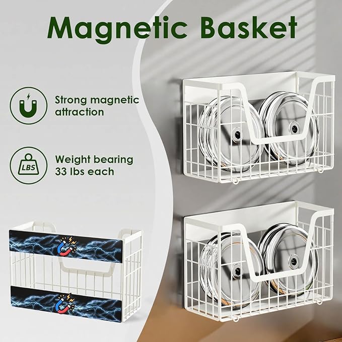 2 Set Magnetic Fridge Shelf, White Magnetic Fruit Basket for Refrigerator Organizer Storage, Potato and Onion Storage Bins, Wire Baskets Magnet Rack for Laundry Washing Machine Kitchen Shelves