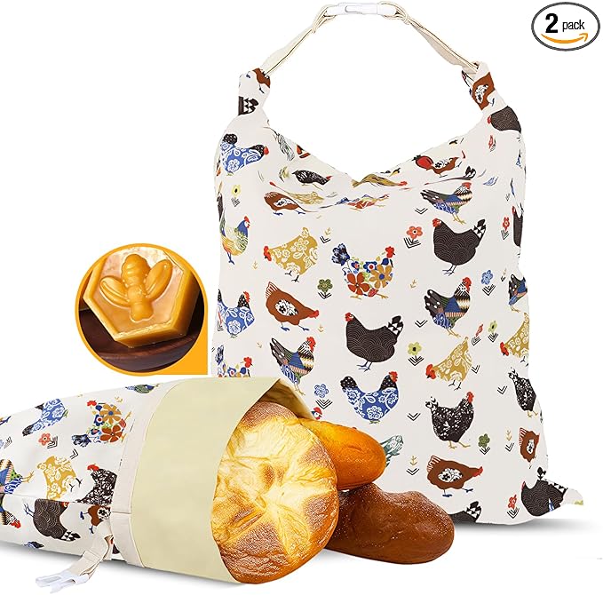 2 Pack Beeswax Bread Bags - 17x13 Inch Reusable Bread Storage Bags,Bees Wax Lined Bread Bags for Home Cooks fresh bread storage Easy Clean (Hen)