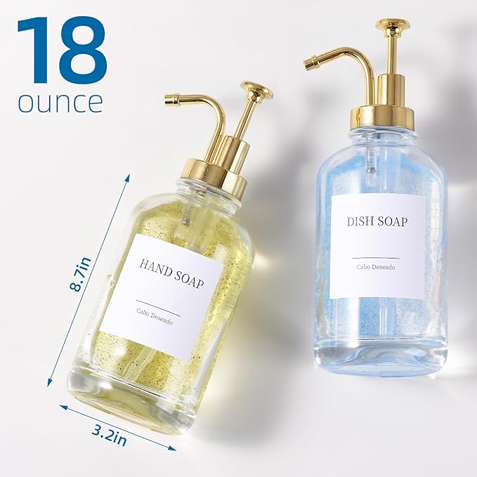 Glass Soap Dispenser with Pump, Dish and Hand Soap Dispenser for Kitchen Bathroom Set, Clear Glass Dispenser Set of 2 Pack with 18 Stickers Funnel Bamboo Tray 500ml 18oz / Each Bottle Gold Pump