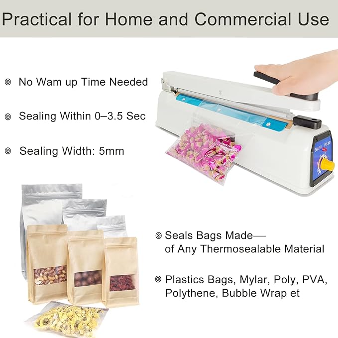 Impulse Heat Sealer 12 Inch 5mm Mylar Bag Sealer, Iron Shell Sealer, Plastic Bag Sealer Machine, with 4 Replacements Kit (2 Cutting Lines Included)