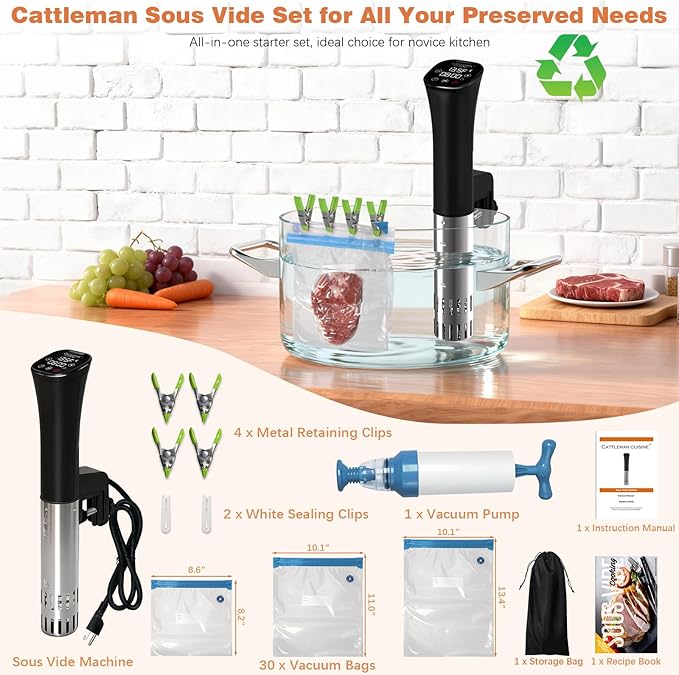 CATTLEMAN Sous Vide Cooker, Wine Chiller, 1000W, Sous Vide Machine for Kitchen, Immersion Circulator, Sous Vide Kit with Vacuum Bags, Vacuum Pump, Accurate Temperature Timer, Fast Heating