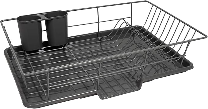 Sweet Home Collection 3 Piece Metal Dish Drainer Rack Set with Drying Board and Utensil Holder, 12" x 19" x 5", Gray