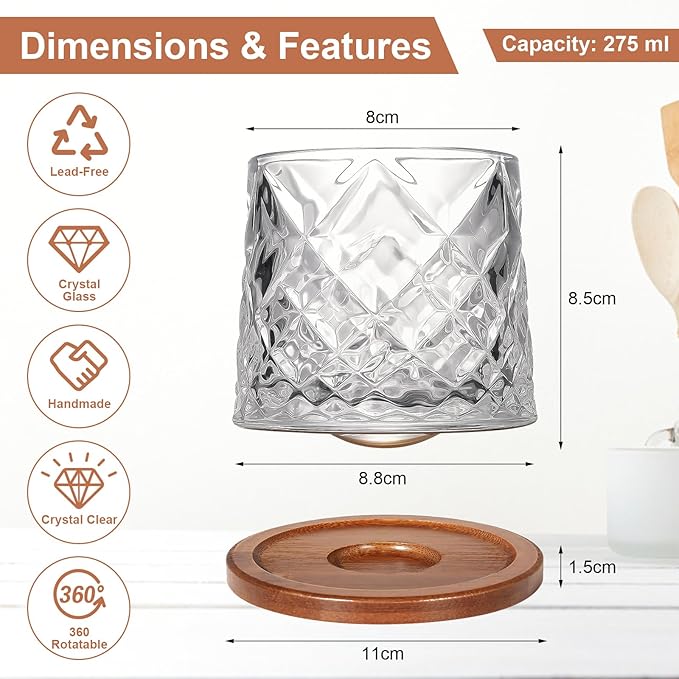 Rotatable Old Fashioned Glass Cup, 275ml/10oz Crystal Whiskey Glass Set of 2, Wood Coaster, Thickening, Used as Rum Glass Cup, Cocktail, Coffee, Milk to Relax and Reduce Stress, Christmas gifts