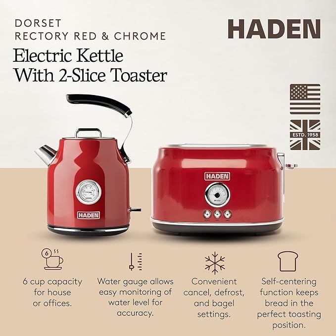 Haden Dorset Wide Slot Stainless Steel 2 Slice Retro Toaster and Dorset 1.7 Liter Stainless Steel Electric Water Kettle, Red