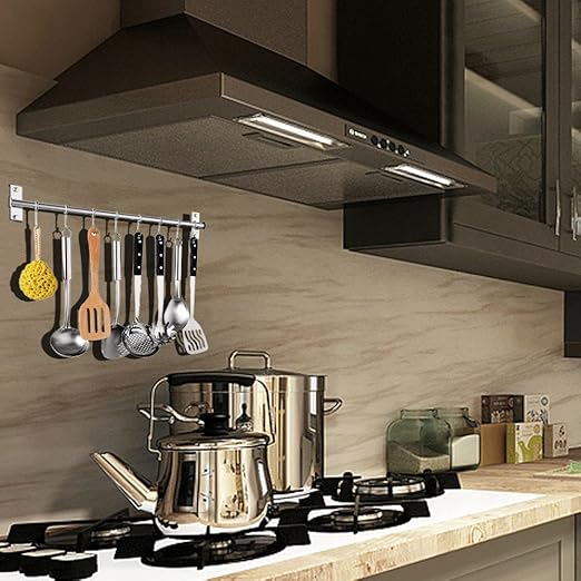 Kitchen Sliding Hooks, Stainless Steel Hanging Rack Rail Organize Kitchen Tools with 10 Utensil Removable S Hooks for Towel, Pot Pan, Spoon, Coats, Bathrobe, BBQ,Wall Mounted Hanger