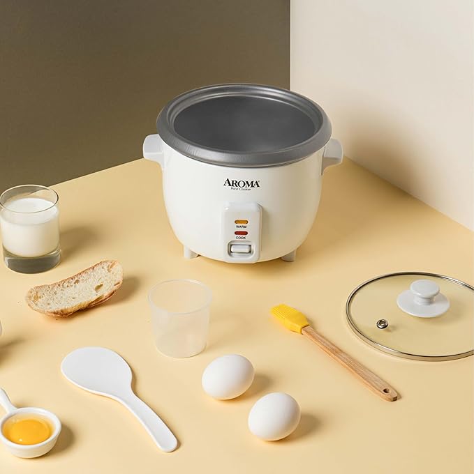 AROMA® Rice Cooker, 3-Cup (Uncooked) / 6-Cup (Cooked), Small Rice Cooker, Oatmeal Cooker, Soup Maker, Auto Keep Warm, 1.5 Qt, White, ARC-363NG