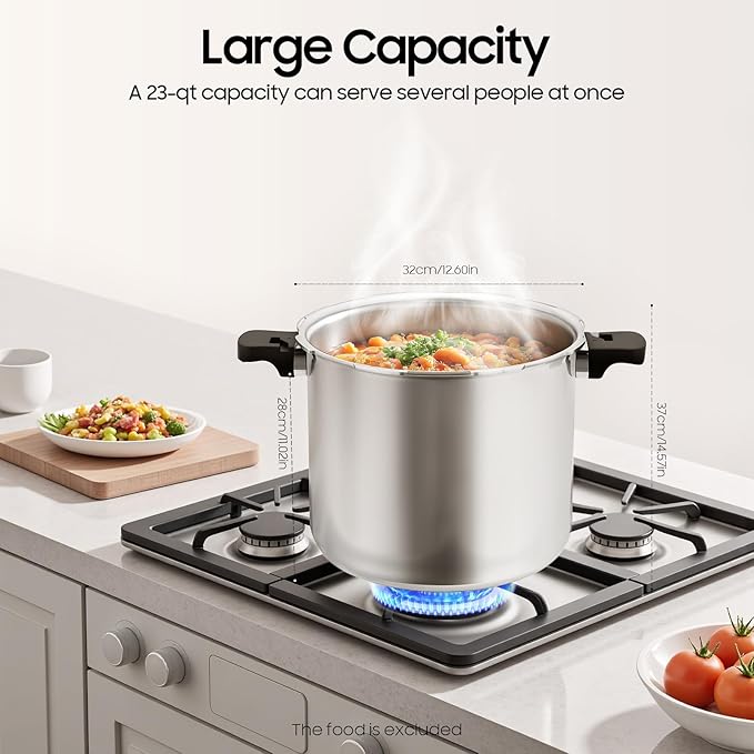 22L/23 Quart Thickened Explosion-proof Pressure Cooker, W/Gauge & Release Valve, Aluminum Alloy Cookware, Serving Up To 30 People, For Large Families Or Gatherings Silver