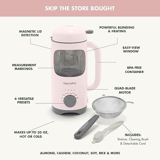 GreenPan Nut Milk Maker, 15-in-1 Homemade Soy, Almond, Oat, Coconut, Non-Dairy, Rice, Soup, Baby Food, BPA-Free, Smooth Creamy Texture, Self Clean, Barista Quality Milk, Delay Start, Boil Water, Pink