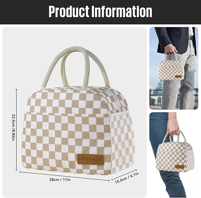 douyadady Lunch Bag Women/Men Lunch Box Women/Men (Khaki+White Checkerboard)