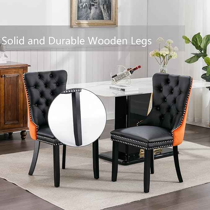 Dining Chairs Set of 4, Upholstered Dining Room Chairs with Back Ring Pull Trim and Solid Wooden Legs, Modern Tufted Kitchen Chairs Perfect for Dining Room, Black Pu Leather Splicing Orange Velvet