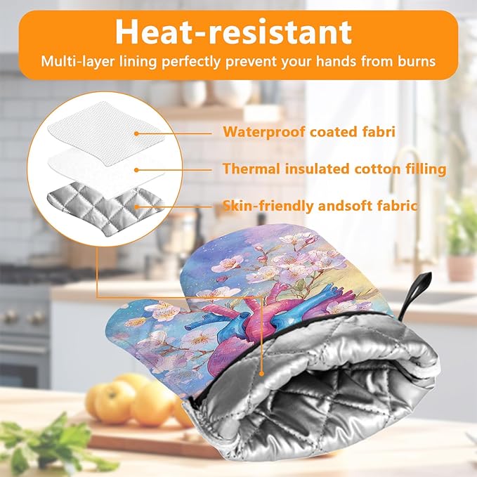 Valentine's Day Oven Mitts and Pot Holders Sets 4Pcs Silicone Non-Slip Mitts Heat Resistant Gloves Hot Pads for Kitchen Cooking Baking Grilling BBQ Heart Flowers