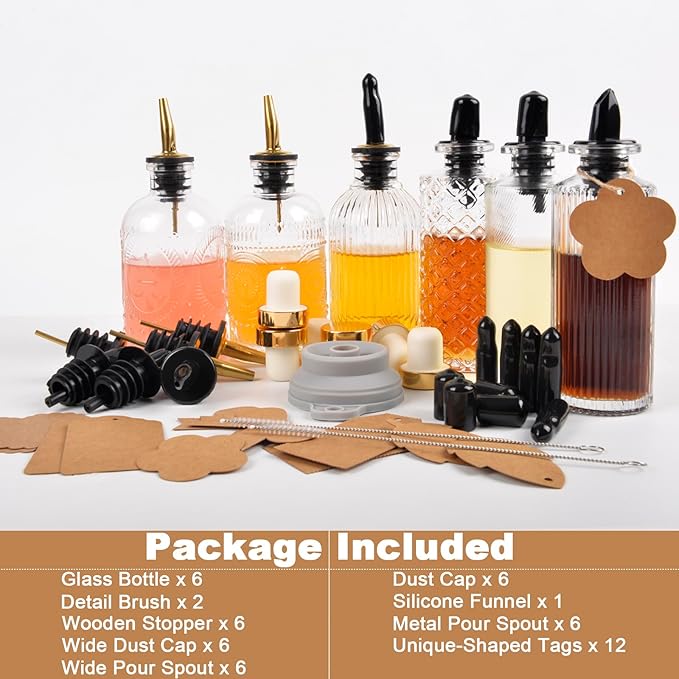 ChezMax Syrup Dispenser Bottles Set of 6, Simple Syrup Bottle for Coffee Bar Accessories, 5oz & 7oz Glass Coffee Syrup Dispenser Syrup Containers for Maple Honey Syrup Oil, Metal Pour Spouts & Labels