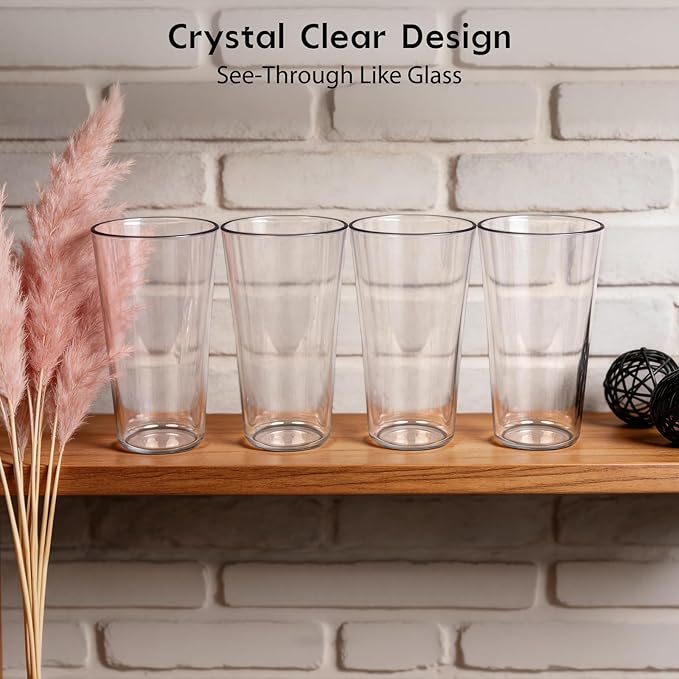 Freshmage 20oz Unbreakable Drinking Glasses (Set of 8), All-Clear Reusable Drinking Cups, BPA-Free, Shatter-Proof, Microwave Safe, Stackable Plastic Tumblers for Home, Outdoor, Camping, Pool