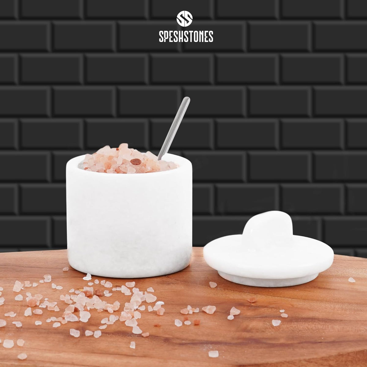 Marble Salt Cellar with Lid and Spoon 4 Inch White Handmade Small Seasoning Containers - Decorative Spice Jars, Sugar Bowl with Spoon & Flaky Salt Dish for Kitchen Countertop Storage