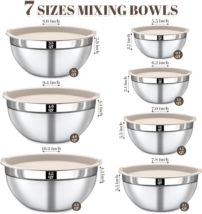 Mixing Bowls with Lids Set - 7PCS Nesting Mixing Bowls, Lids, Stainless Steel Mixing Bowls for Mixing, Baking & Meal Prep, Dishwasher Safe, Size 0.7/1.1/1.5/2.1/3.5/4/4.5 QT, Khaki