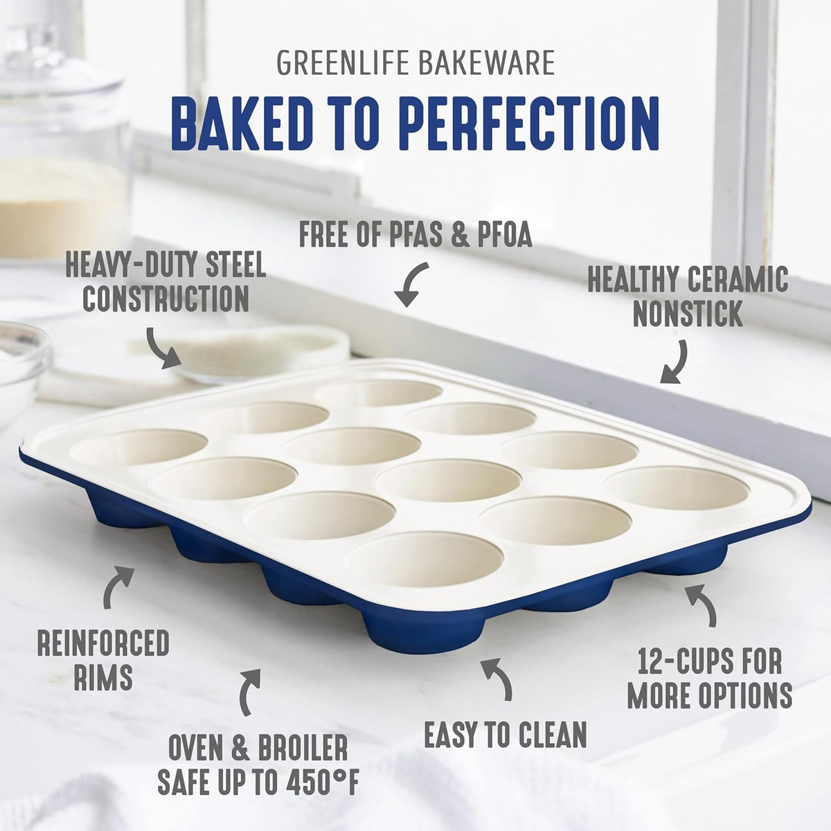 GreenLife 12-Cup Muffin Pan, Healthy Ceramic Nonstick Bakeware, PFOA & PFAS-Free Cupcake Sheet, Durable Baking Tray, Versatile Kitchen Essentials, Easy Clean Muffin Mold, Nonstick Baking Pan, Blue