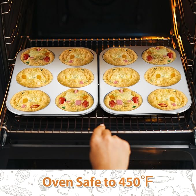 E-far Muffin Top Pan Set of 3, Stainless Steel 6-Cavity Shallow Cupcake Pan for Baking Whoopie Pie, Yorkshire Pudding, Eggs, Cornbread, Drop Cookies, Non-toxic & Standard Size, Oven & Dishwasher Safe