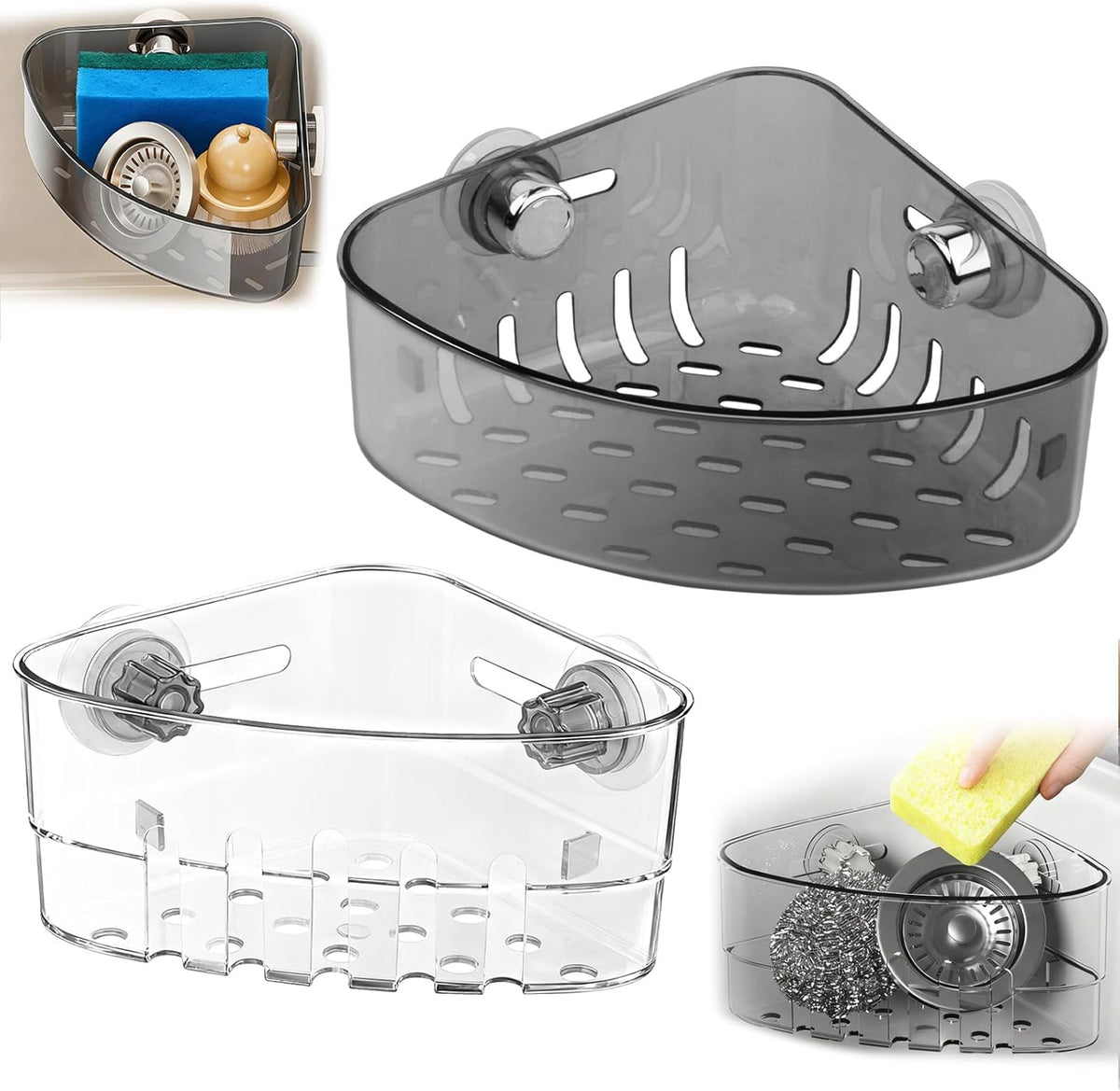 2PCS Suction Cup Sink Corner Rack,2 Size Suction Sinkware Organizer,Triangle Sink Strainer Basket with Drain Hole, Corner Sink Trash Catcher for Leak-Proof Food Waste Catcher for Clean Sink
