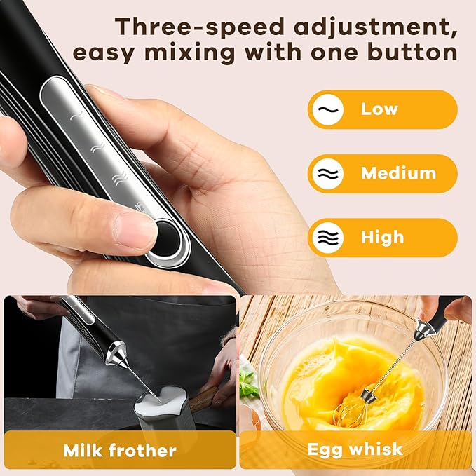 Milk Frother Handheld Rechargeable with Stand Frother Wand Foam Maker 3 Speed Adjustable Hand Mixer with Detachable Stainless 2 Whisks Electric Coffee Frother Stirrer For Latte, Cappuccino, Egg