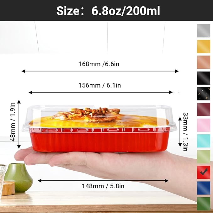 EUSOAR Disposable Ramekins with Lids, 25pcs 6.8oz 6.5"x2.5"x1.2" Aluminum Foil Mini Loaf Pans with Lids，Rectangle Cupcake Baking Cups Containers Wrappers, Dessert Cheesecake Creme Brulee Ramekins Pan