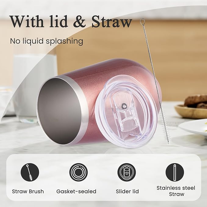 MEWAY Stemless 12oz Insulated Wine Tumbler with Lid and Straw - Double Wall Stainless Steel Thermal Cup for Hot and Cold Drinks, Bridal Shower Prizes for winners(Rose Gold,1)