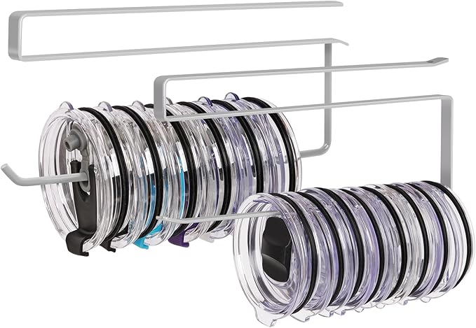 2 Pack Tumbler Lid Organizer, Horizontal Tumbler Lid Storage Hook Up to 20 Lids, Space Saving Cup Lid Holder Under Cabinet Tumbler Lid Hook for Kitchen Organizer, Paper Towel Hanger(Round&Flat, Grey)
