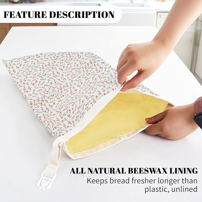 1 PCS Beeswax Bread Bags - 17x13 Inch Reusable Bread Storage Bags,Bees Wax Lined Bread Bags for Home Cooks fresh bread storage Easy Clean (Pink Floral)