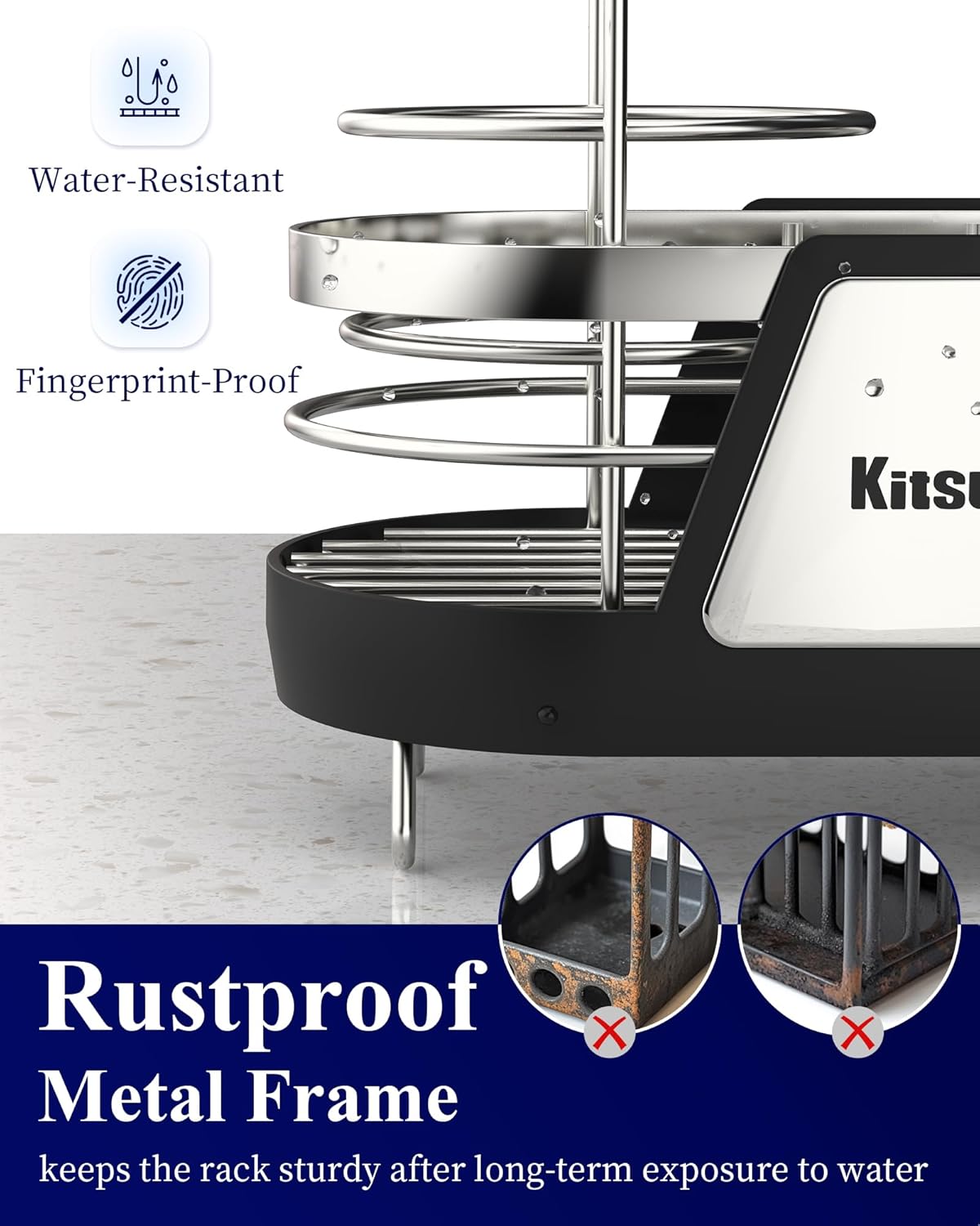 Kitsure Sponge Holder for Kitchen Sink - Space-Saving Kitchen Sink Caddy, Rustproof Metal Organizer with Removable Brush Holder, 7.9"×3.9"×5.3", Black