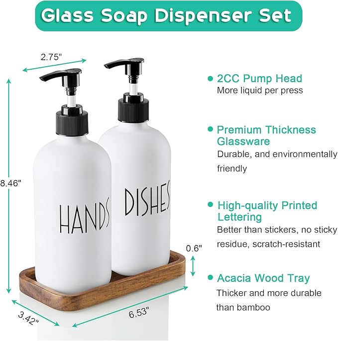 ALELION White Dish Soap Dispenser Set for Kitchen - 16 OZ Hand Soap Dispenser with Pump and Acacia Wood Tray - for White Kitchen Decor and Accessories