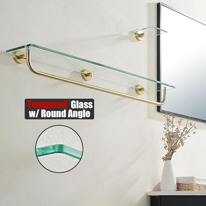 JQK Bathroom Glass Shelf, Shelf with 29 Inch Towel Bar Tempered Glass Shower Storage 30 by 5 inches, 304 Stainless Steel Brushed Gold Wall Mount, TGS100L30-BG