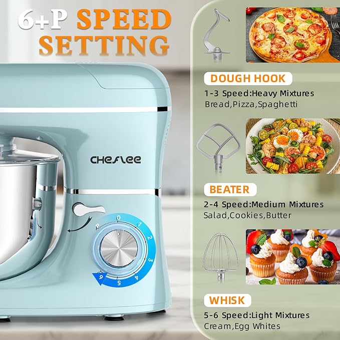 CHeflee Multifunctional Stand Mixer,660W, 6.5QT With Meat Grinder, Vegetable Slicer &1.5L Juice Blender,for Most Home Cooks,Blue