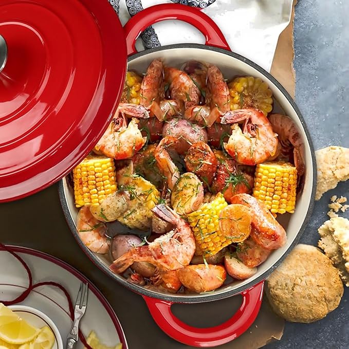 Enameled Cast Iron Dutch Oven, 4.5QT Heavy Duty Cooking Pot with Lid, Oven Safe up to 500° F for Sourdough Bread Baking, Braising, Stew, Family And Friends Best Gifts, Red
