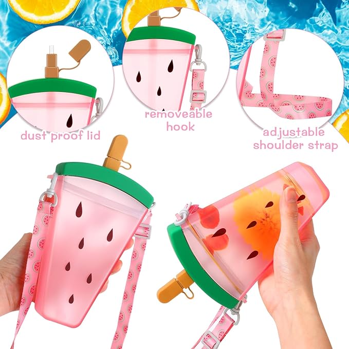 Patelai 8 Pcs 10.5oz Cute Water Bottles with Straw Kawaii Ice Cream Cups Leak Proof Drinking Bottles with Adjustable Shoulder Strap for Sports Travel Camping (Watermelon)