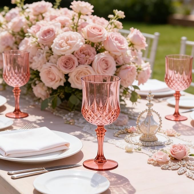 Plastic Wine Glasses, Plastic Goblets Vintage Style Cordial Unbreakable Drinking Glasses, Reusable Drinkware for Wedding Reception, Grand Event Party Supplies (48, Rose Gold)