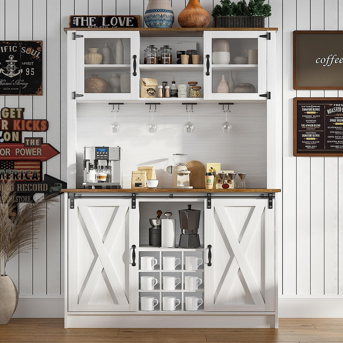 4ever2buy Farmhouse Coffee Bar Cabinet with 2 Glass Doors, 72'' White Bar Cabinet with Sliding Barn Door, Tall Wine Bar with 9 Racks, Coffee Bar Hutch with Storage for Living Room