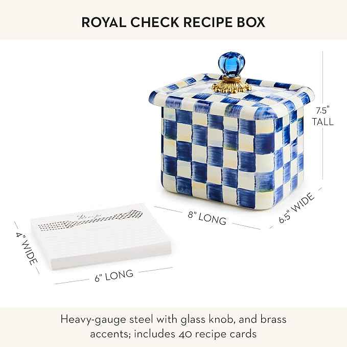 MACKENZIE-CHILDS Enamel Recipe Box, Index Card Box with Lid, Includes 40 Recipe Cards, Blue-and-White Royal Check