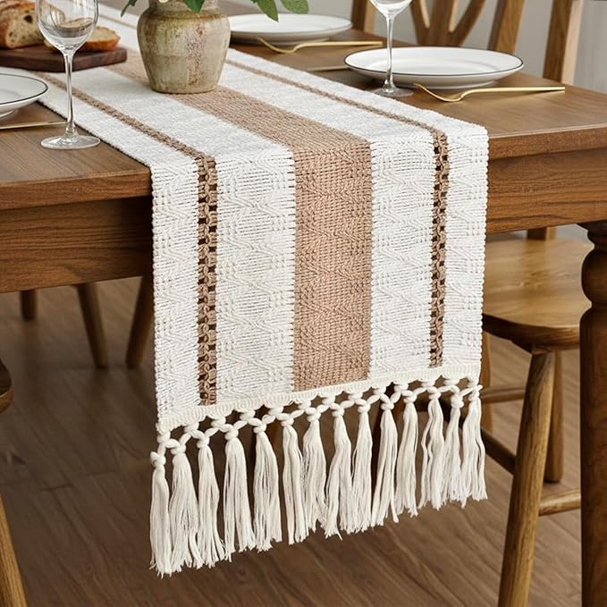 FEXIA Boho Table Runner for Hoilday Spring Home Decor with Tassels 60 Inches Long Pottery barn Furniture Farmhouse Rustic Macrame Burlap Table Decoration for Living Room (12x60 Inches)