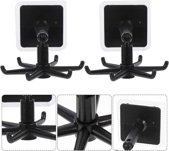 Cabilock 4pcs Rotatable Multi-Purpose Kitchen Utensil Hooks, 360° Folding No-Trace Adhesive Hooks, Black Hanging Soup Ladle and Spatula Storage Holder for Kitchen Organization