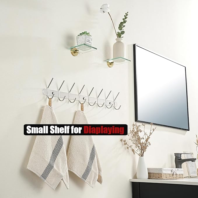 JQK Small Floating Glass Shelves Gold, 4 Inch Display Ledges for Wall, Mini Decor, Living Room Bedroom Bathroom, Tempered Glass Shower Storage, 2 Pack, TGS101L4-BG-P2