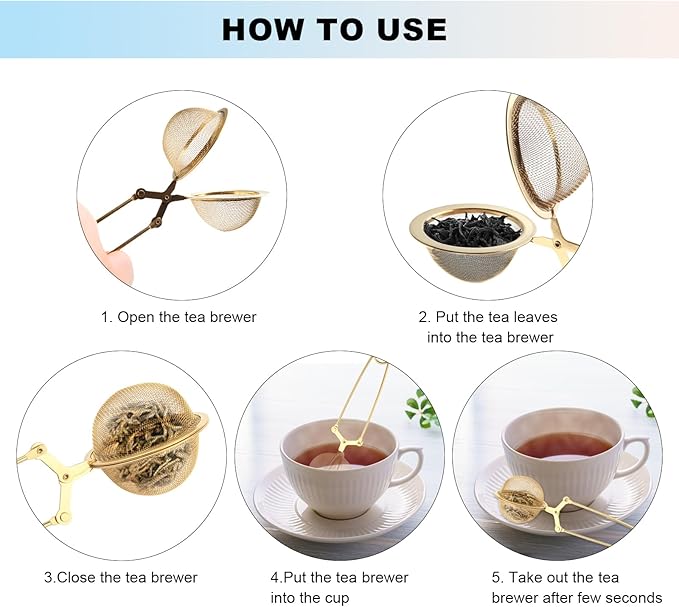 Luckyiren Snap Tea Ball Infuser with Handle; Premium Stainless Steel Fine Mesh Screen Tea Strainer Filters Colander Cullender Sieve Infusion Steeper Maker for Loose Leaf Tea Herbs, 2 Pieces, Golden