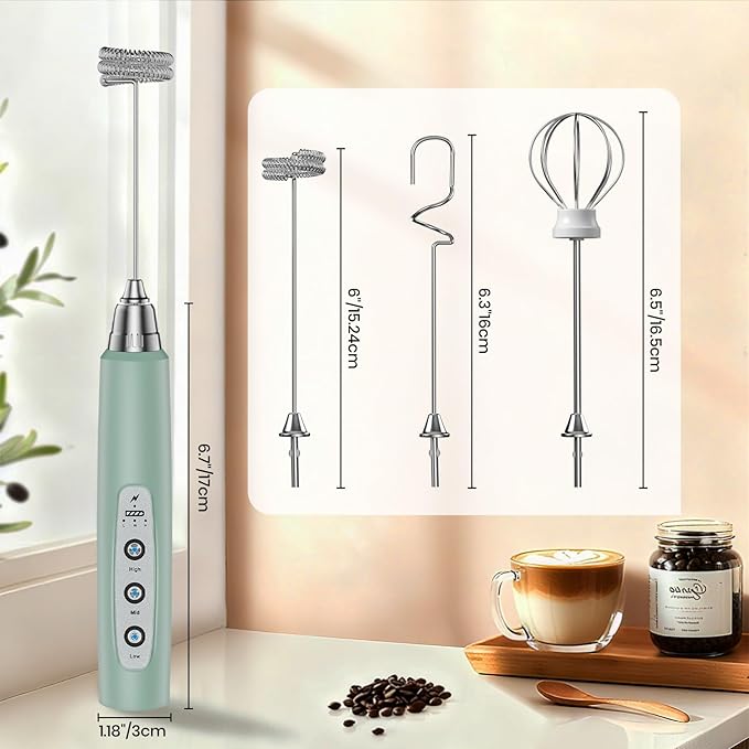 Colarlemo Milk Frother Handheld Rechargeable, Frother Wand Drink Mixer Electric Whisk for Coffee, Detachable With 3 Stainless Whisks, Hand Mixer for Lattes, Cappuccino, Matcha, No Stand, Sage Green