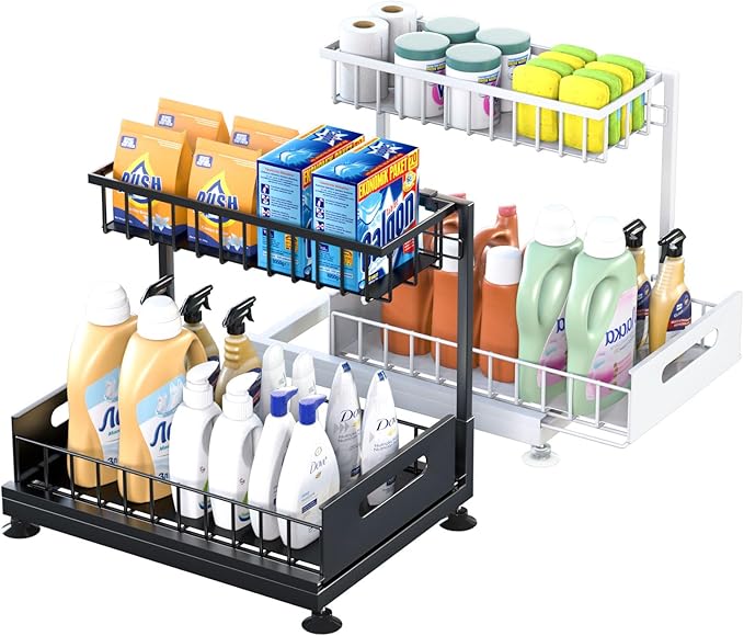 Saydear Under Sink Organizer Storage 2-Tier Premium Metal Pull-Out Racks, Height Adjustable, Easy Installation | Kitchen & Bathroom Organizers