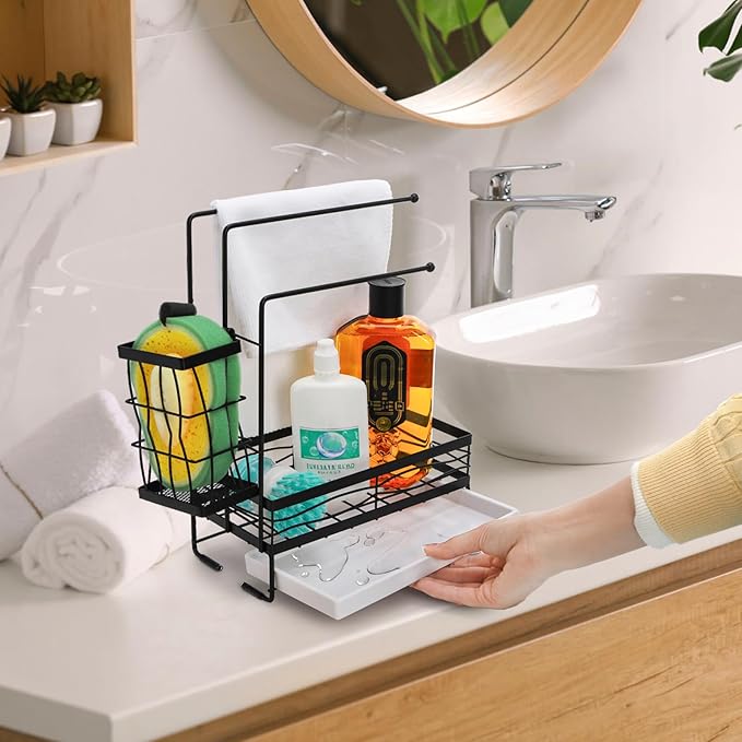 Tlence Kitchen Sink Caddy with 3 Dishcloth Drying Racks, Sponge Holder Rag Stand with Drain Pan, Metal Sink Storage Organizer with Removal Basket for Brush, Towel, Scrubber, Dish Rag, Black