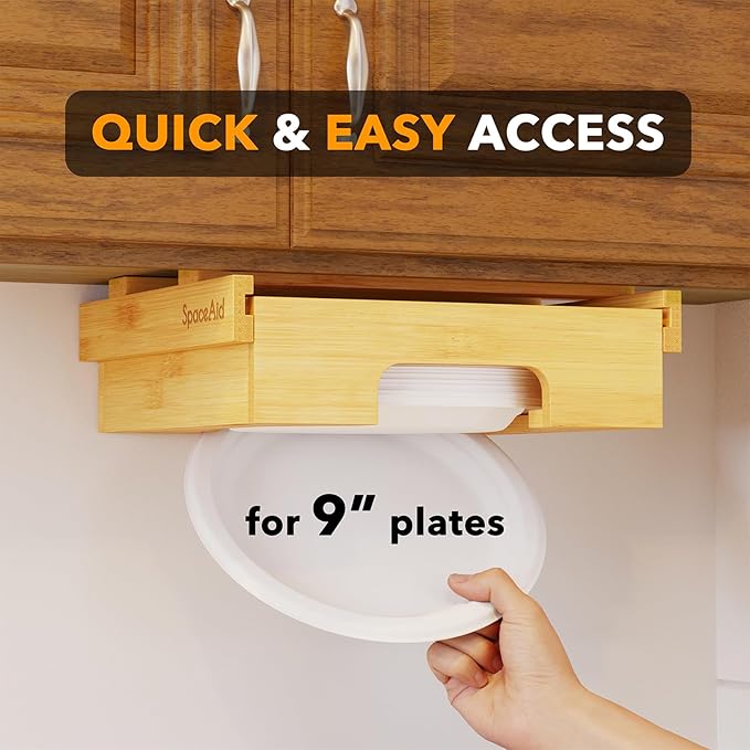 SpaceAid 9-inch Paper Plate Dispenser (Need 10.2 Inches Deep Cabinet Space) Under Cabinet Bamboo Plates Holder, Kitchen Vertical Dipensers Caddy, Bamboo