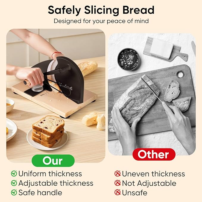 Upgrade Manual Bread Slicer for Homemade Sourdough - Adjustable Thickness & Evenly Slice, Bread Slicer with Scale Lines, Hand Crank, Suction Cups and Bread Guide for Sandwiches, Toast, Bagel, Baguette